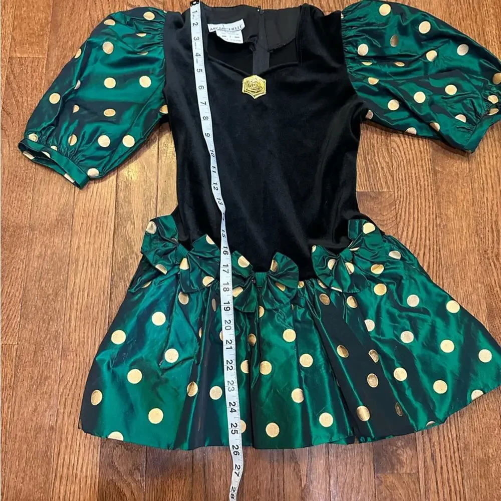 RARE Vintage My Michelle 80s Party Dress Girls 7 Gold Green Black Polka Dots
